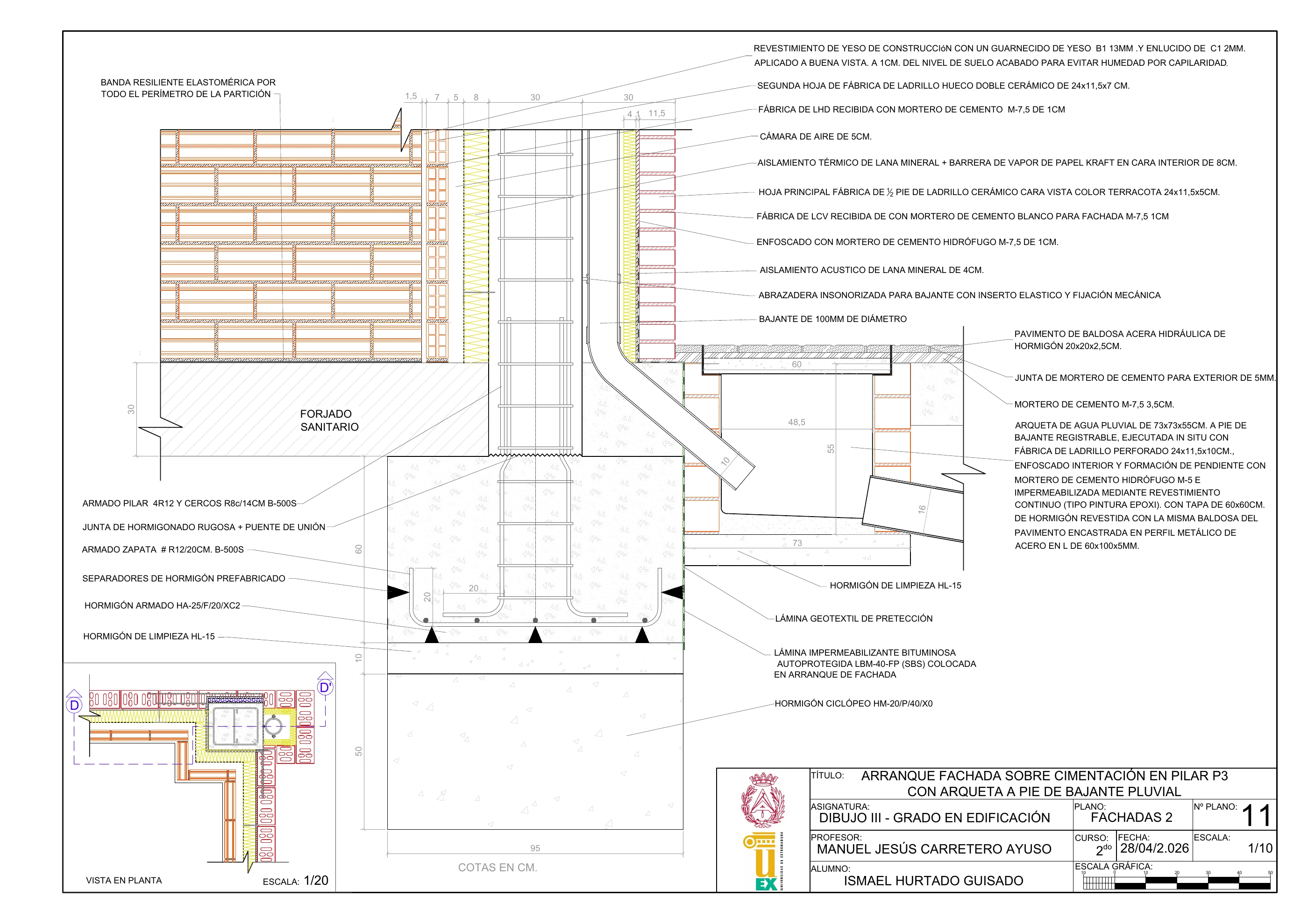 Detalle de fachada y cimentación. Ejercicio académico de Dibujo III, Ismael Hurtado, abril de 2026.
